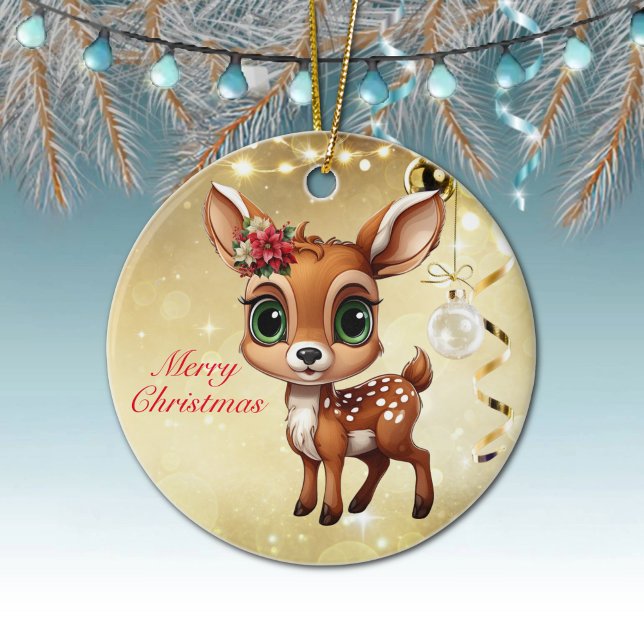 Baby Hjort, Fawn, Doe 🦌 🎄 Guld God jul Julgransprydnad Keramik (Baby Deer, Fawn, Doe 🦌Poinsettia ForestBabies Merry Christmas 🎄Gold Round Ceramic Ornamen)