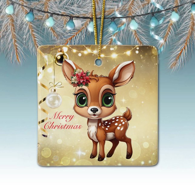 Baby Hjort, Fawn, Doe 🦌 🎄 Guld God jul Julgransprydnad Keramik (Baby Deer, Floral Fawn, Doe Poinsettia Customizable Merry Christmas Gold Square Ceramic Ornament🦌🎄)