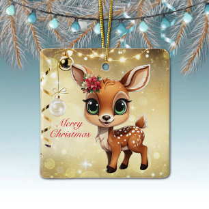 Baby Hjort, Fawn, Doe 🦌 🎄 Guld God jul Julgransprydnad Keramik
