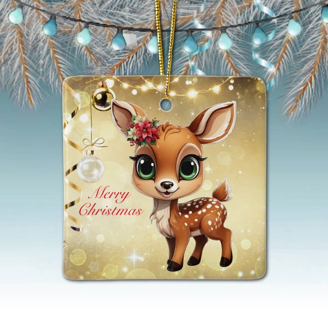 Baby Hjort, Fawn, Doe 🦌 🎄 Guld God jul Julgransprydnad Keramik (Baby Deer, Floral Fawn, Doe Poinsettia Customizable Merry Christmas Gold Square Ceramic Ornament🦌🎄)