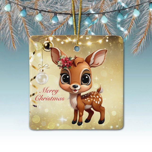 Baby Hjort, Fawn, Doe 🦌 🎄 Guld God jul Julgransprydnad Keramik (Baby Deer, Floral Fawn, Doe Poinsettia Customizable Merry Christmas Gold Square Ceramic Ornament🦌🎄)