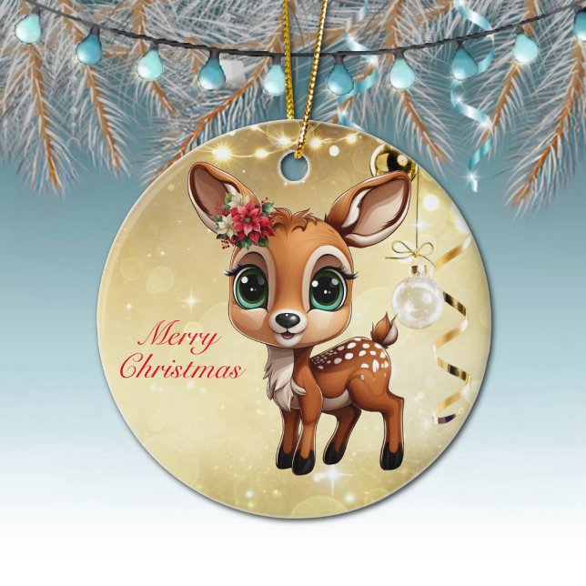 Baby Hjort, Fawn, Doe 🦌 🎄 Guld God jul Julgransprydnad Keramik (Cute Baby Deer, Fawn, Doe🦌Poinsettia Reindeer Antlers Merry Christmas🎄Gold Round Ceramic Ornament)
