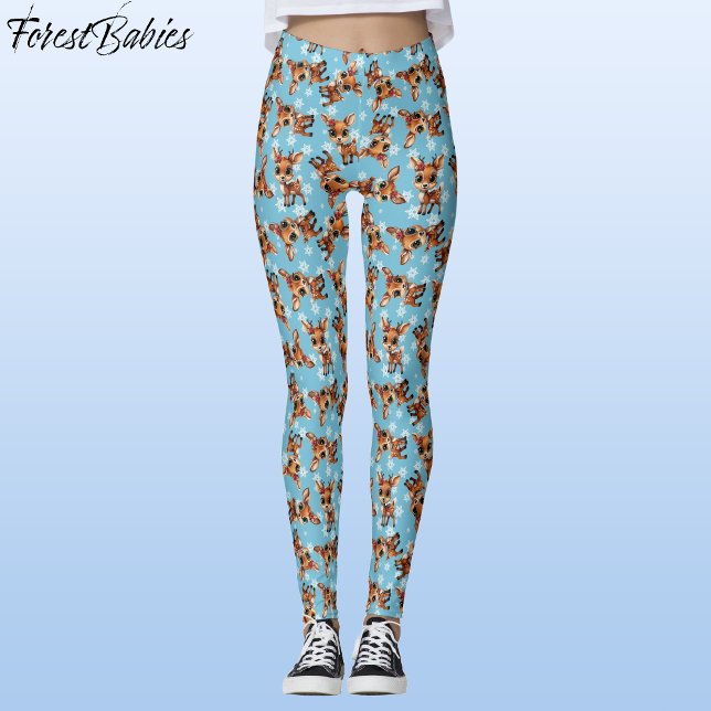 Baby Hjort, Fawn, Doe, Reindeer 🦌 🎄 Blue, Snowfl Leggings (Cute Baby Floral Deer, Fawn, Doe Lover, Reindeer Antlers, Snowflake Pattern, Blue Leggings 🦌 🎄)