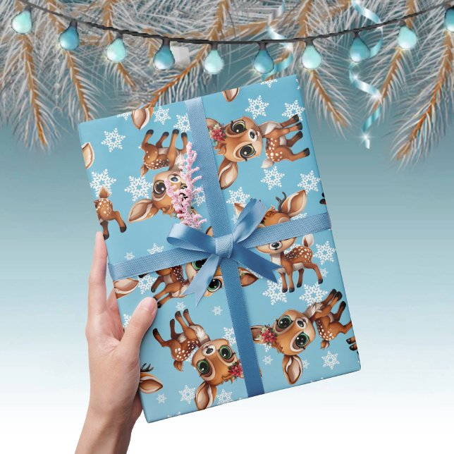 Baby Hjort, Fawn, Doe, Reindeer 🦌 🎄 Blue, Snowfl Presentpapper (Cute Baby Floral Deer, Fawn, Doe Lover Reindeer Antlers Snowflake Pattern Blue Wrapping Paper 🦌 🎄)