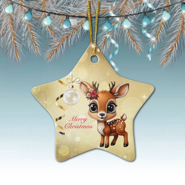 Baby Hjort, Fawn, Doe, Reindeer 🦌 God jul 🎄 Julgransprydnad Keramik (Custom Reindeer Decor Xmas Fawn Fun Holiday Doe Animal Merry Christmas 
Gold Star Ornament 🦌🎄 )