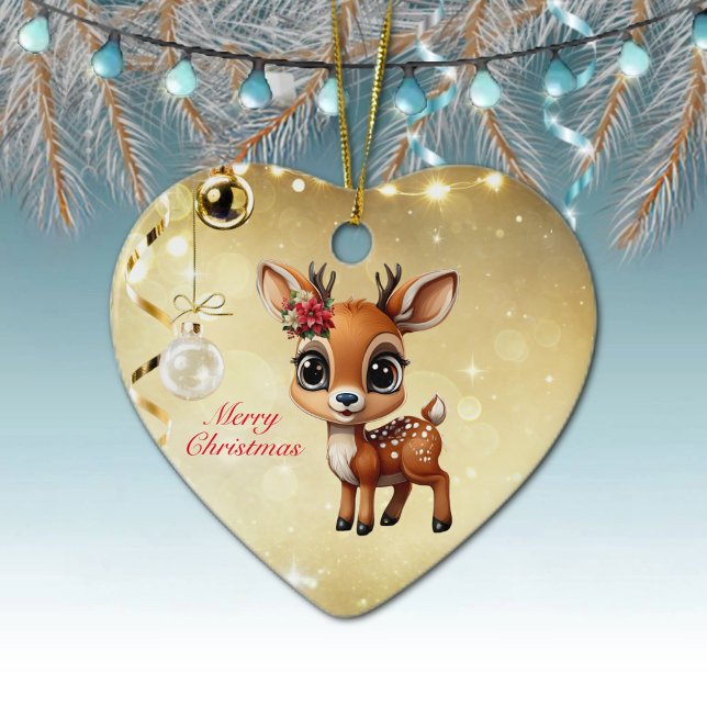Baby Hjort, Fawn, Doe, Reindeer 🦌 God jul 🎄 Julgransprydnad Keramik (Reindeer, Floral Fawn, Cute Doe Poinsettia Flower Merry Christmas Gold Heart Ceramic Ornament 🦌🎄)