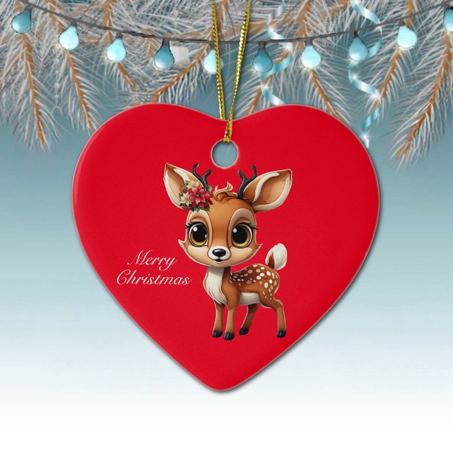 Baby Hjort, Fawn, Doe, Reindeer 🦌 God jul 🎄 Julgransprydnad Keramik (Reindeer, Floral Fawn, Cute Doe Poinsettia Flowers, Merry Christmas Red Heart Ceramic Ornament 🦌🎄)