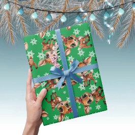 Baby Hjort, Fawn, Doe, Reindeer 🦌 Grönt Snowflake Presentpapper