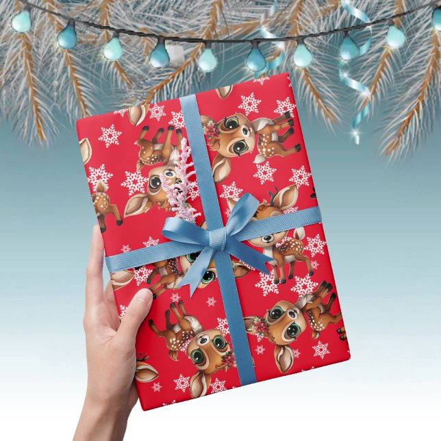 Baby Hjort, Fawn, Doe, Reindeer 🦌 Red 🎄 Snowflak Presentpapper (Cute Baby Floral Deer, Fawn, Doe Lover Reindeer Antlers Snowflake Pattern Red Wrapping Paper 🦌 🎄)