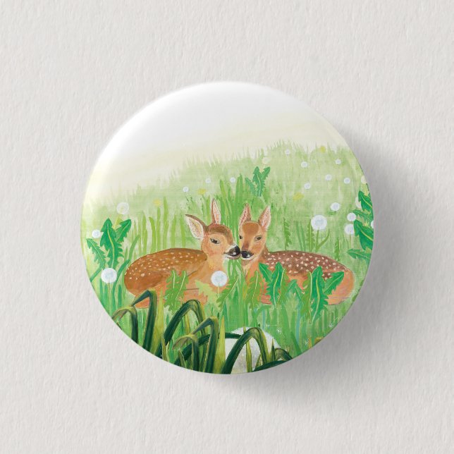 Baby Hjort - Fawns in Tall Grass Illustration Knapp (Framsida)