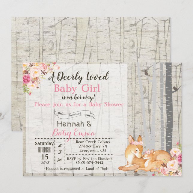 Baby Hjort Girl Blommigt Baby Shower-inbjudan Inbjudningar (Fram/baksida)