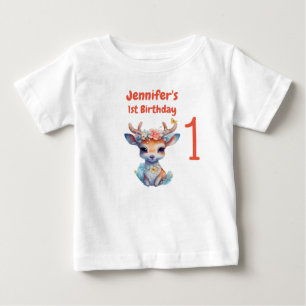 Baby Hjort med Antlers och Flower 1:a födelsedagen T Shirt
