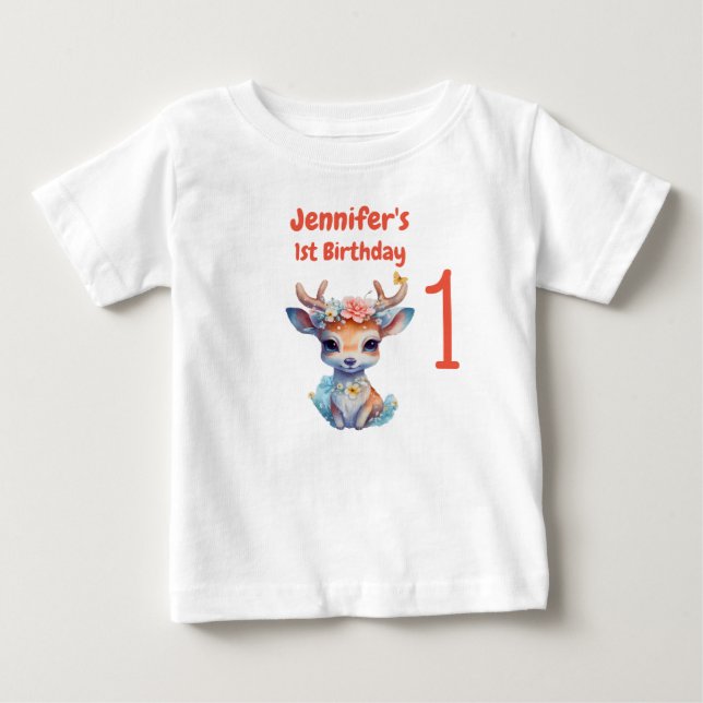Baby Hjort med Antlers och Flower 1:a födelsedagen T Shirt (Framsida)