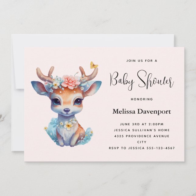 Baby Hjort med Antlers och Flowers Baby Shower Inbjudningar (Framsida)