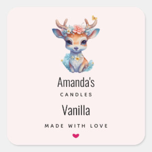 Baby Hjort med Antlers och Flowers Candle Business Fyrkantigt Klistermärke
