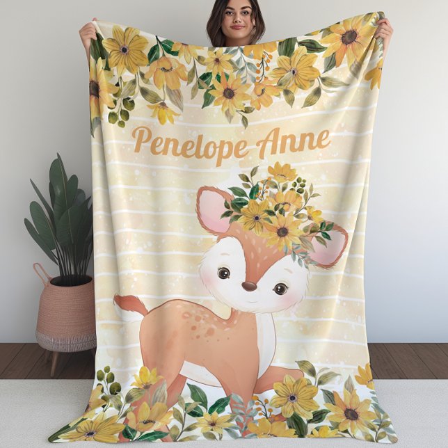 Baby Hjort med blomsterblankett med Namn Fleecefilt (Baby Deer with Sunflowers Fleece Blanket with Name (L))