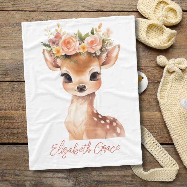 Baby Hjort Rosa Flowers on Head Flicka Gift Fleecefilt (Baby Deer with Pink Flowers on head Baby Blanket. Personalize it Monogram it with babies name.)