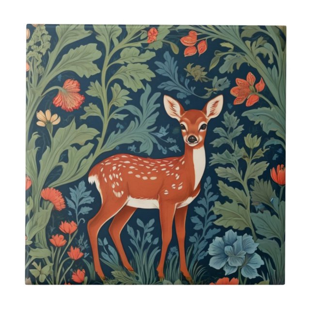 Baby Hjort William Morris stil Höger Facing Fawn Kakelplatta (Framsidan)