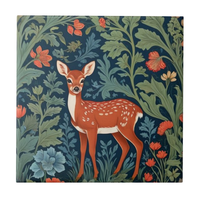 Baby Hjort William Morris stil Lämnat Facing Fawn Kakelplatta (Framsidan)