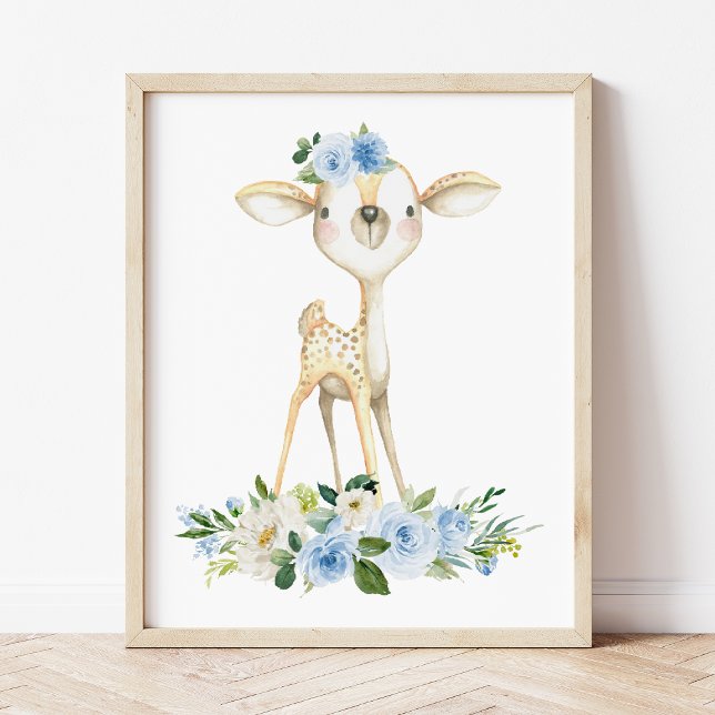 Baby Hjort, Woodland Animals, Boho, Blåa blommor Poster (Skapare uppladdad)