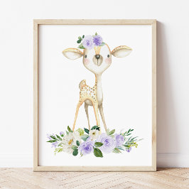 Baby Hjort, Woodland Animals, Boho, Lila blommor Poster