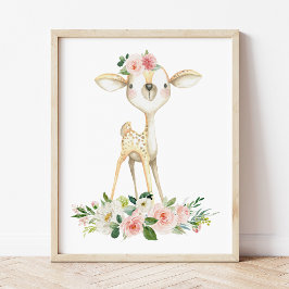 Baby Hjort, Woodland Animals, Boho, Rosa Flowers Fototryck