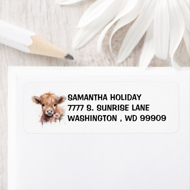 Baby höglandskö Vår vattenfärg Returadress Etikett (Insitu)