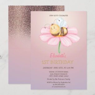 Baby Honey Bee Glitter Födelsedag Inbjudningar