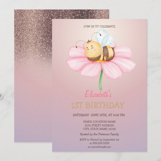 Baby HonungsBee Glitter Birthday Inbjudningar (Fram/baksida)