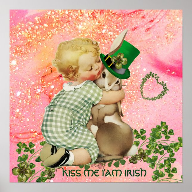 BABY HUGGING RABBIT St.Patrick's Day,Rosa Blommigt Poster (Framsidan)