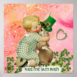 BABY HUGGING RABBIT St.Patrick's Day,Rosa Blommigt Poster