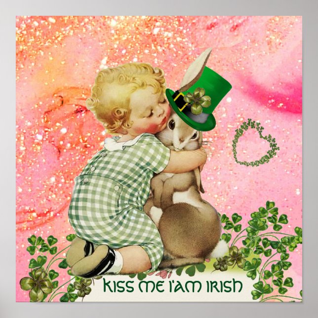 BABY HUGGING RABBIT St.Patrick's Day,Rosa Blommigt Poster (Framsidan)