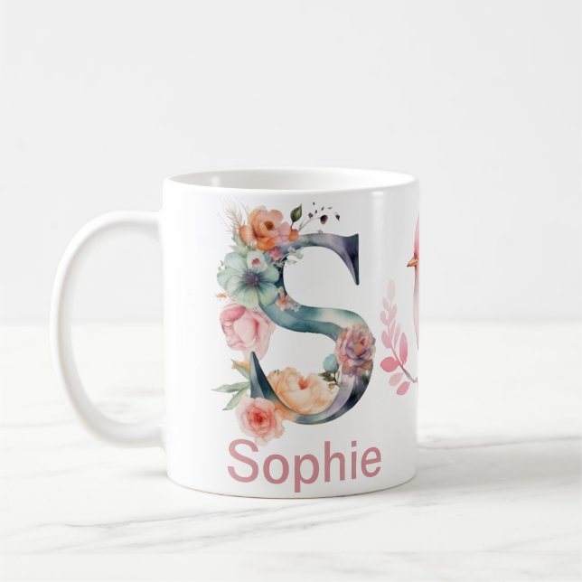 Baby Hund Photo Namn Brev S Blommigt Monogram Bird Kaffemugg (Vänster)