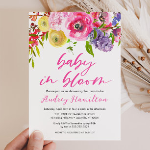 Baby i babyskåda med fetstil i Blommigten Bloom Inbjudningar