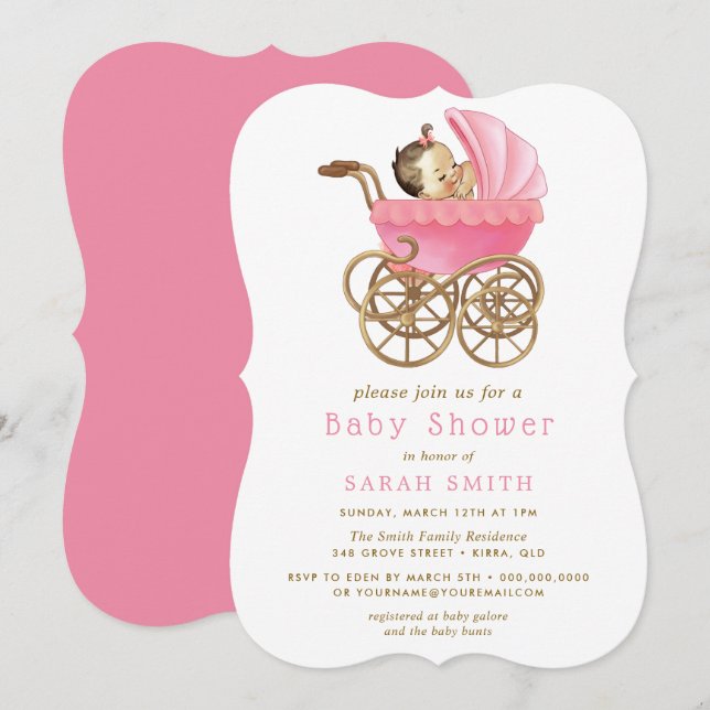 Baby i Barnvagn Rosa Baby Shower inbjudan (Fram/baksida)