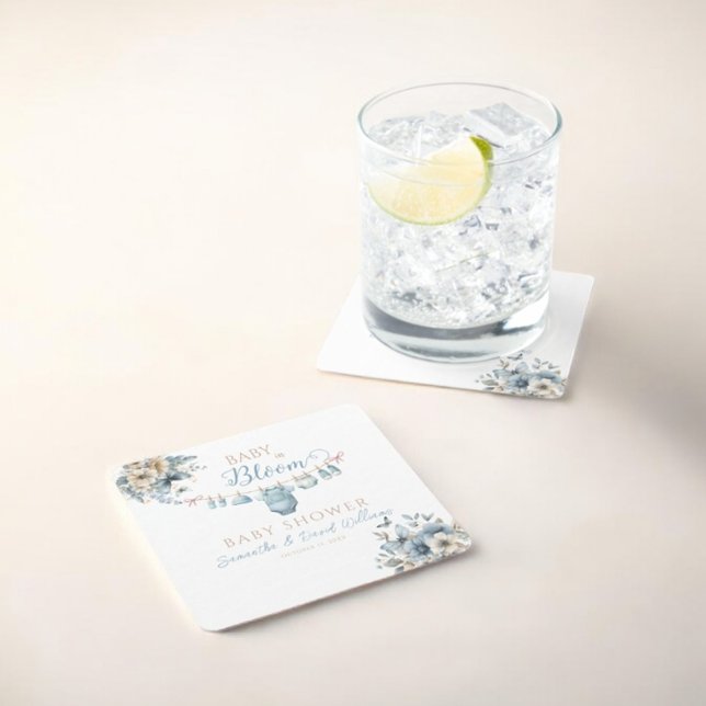 Baby i Blå Blommigt Pojke Shower Underlägg Papper Kvadrat (Skapare uppladdad)