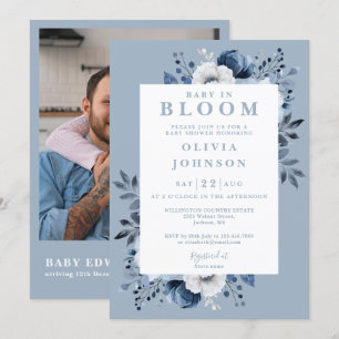 Baby i blå blomning Blå Blommig Foto QR Babykalas Inbjudningar