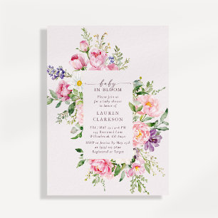 Baby i blom Baby Rosa Blommig Bebis Shower Inbjudningar