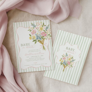 Baby i blom Baby shower Grön Rosa Blommig Inbjudningar