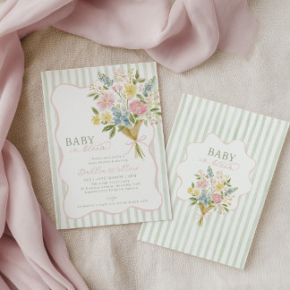 Baby i blom Baby shower Grön Rosa Blommig Inbjudningar