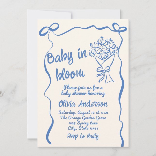 Baby i Blom Blue Drawn Flower Bouquet Shower Inbjudningar (Framsida)