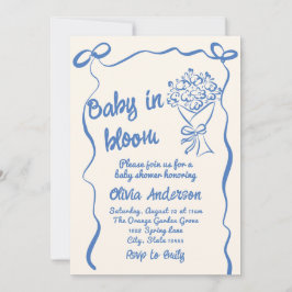 Baby i Blom Blue Drawn Flower Bouquet Shower Inbjudningar