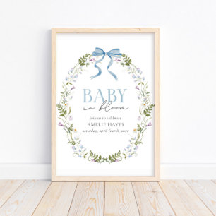 Baby i Blom Blue Vår Blommigt Bow Baby Shower Poster