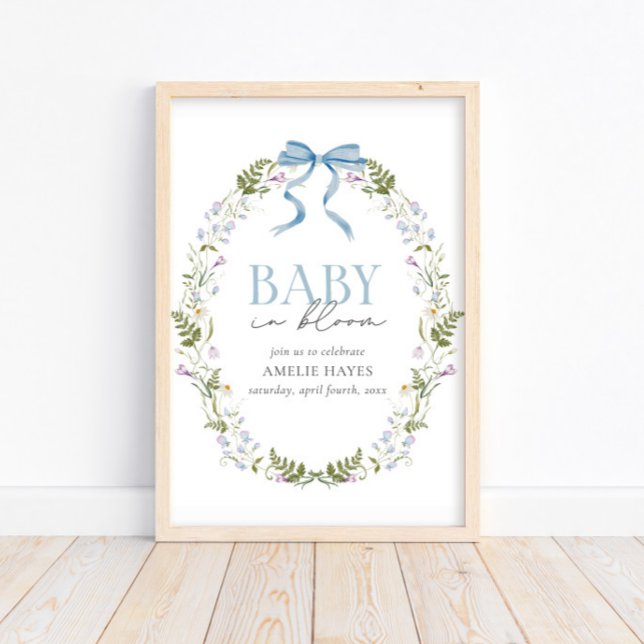 Baby i Blom Blue Vår Blommigt Bow Baby Shower Poster (Skapare uppladdad)