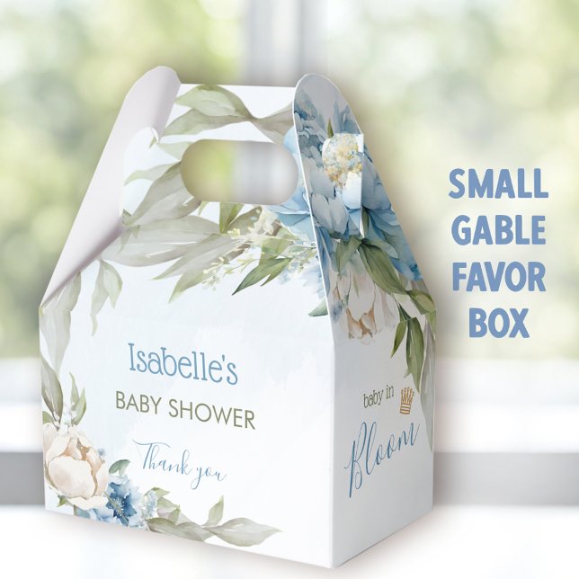 Baby i Blom Boy Shower Gable Presentaskar (Baby in bloom blue small favor boxes - You can choose from 3 sizes of these gable favor boxes.)