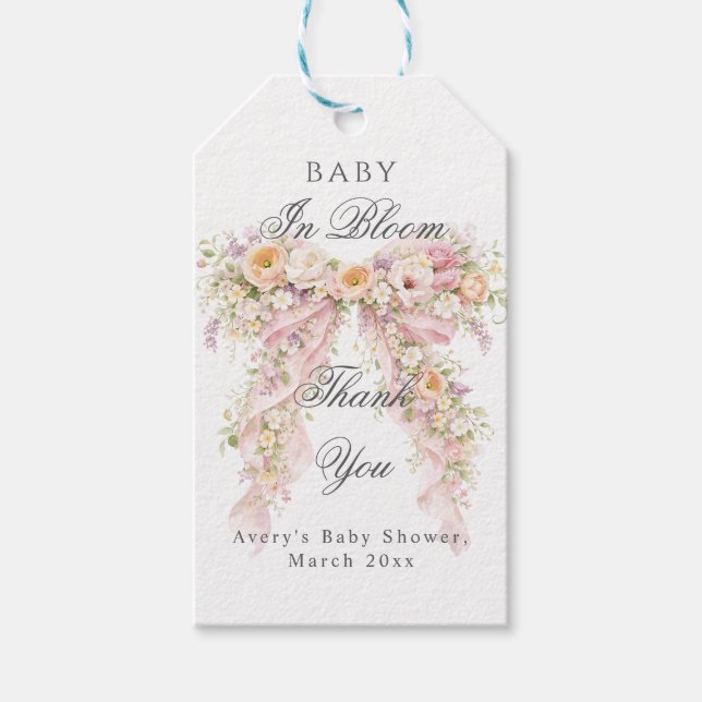 Baby i blom Floral Bow Tjej Bebis Shower  Presentetikett (Framsidan)