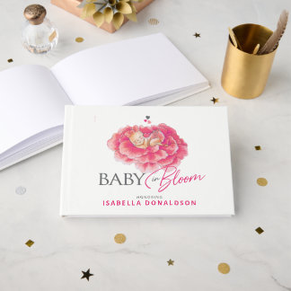 Baby i blom knäpp akvarell baby shower rosa gästböcker