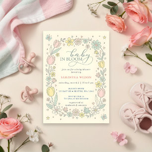 Baby i blom Pink Gult Blommig Flicka Bebis Shower Inbjudningar