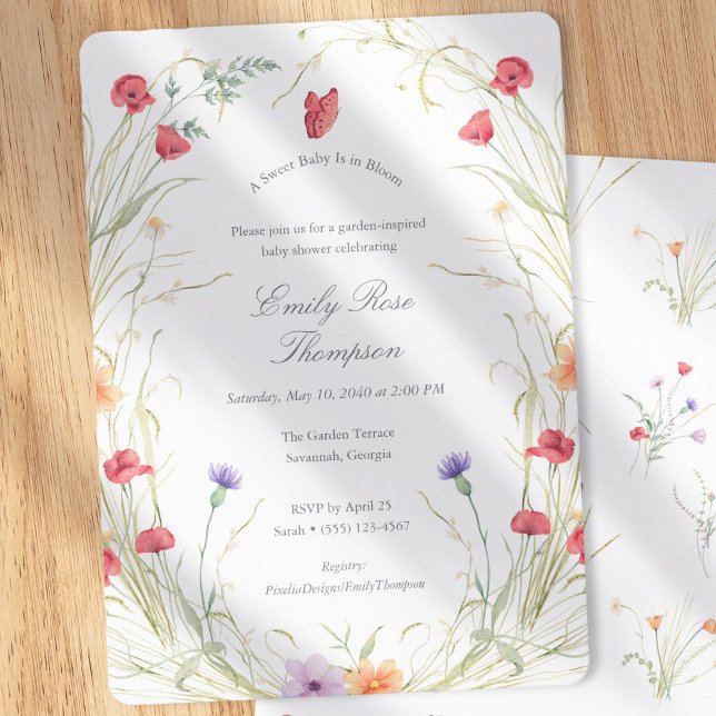 Baby i blom - Vildblomma Vår Babyflicka Shower  Inbjudningar (Baby in Bloom-Wildflower Spring Meadow-Baby Girl Shower Invitation)