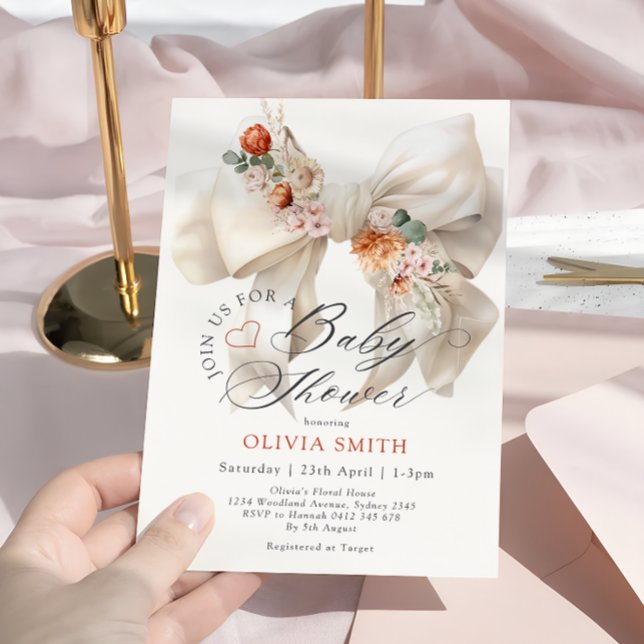 Baby i Blom White Bow Fall Blommigt Baby Shower Inbjudningar (Skapare uppladdad)